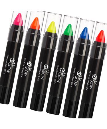 Neon Face Paint Stick by UV Glow - Genuine and original UV Glow product - glows brightly under UV Light! (Set of 6) 6 Count (Pack of 1)