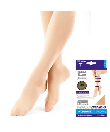Neo G Energizing Daily Wear Knee Highs True Graduated Compression Helps Aid Circulation Revitalize Tired Aching Legs or Swollen Ankles Class 1 Medical Device - XL - Tan X-Large Beige