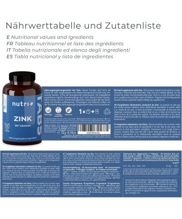 Nutri + Zinc Tablets 25mg - Vegan High Dose for Skin & Hair - 180 Tablets - Zinc Glycinate without Additives - Optimal Immune Support - Buy Online on GoSupps.com