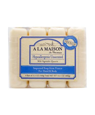 A LA MAISON Hypoallergenic Unscented Bar Soap - Triple French Milled Natural Moisturizing Hand Soap Bar (4 Bars of Soap 3.5 oz) 3.5 Ounce (Pack of 4)