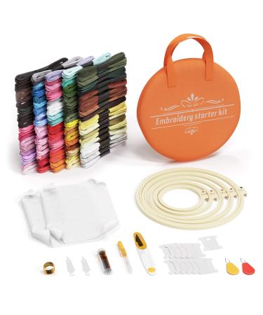 Embroidery Starter Kit   5 Embroidery Hoops  100 Color Threads  2 Aida Cloths  Round Sewing Kit Tool Bag and Cross Stitch Tools   Embroidery Kit for Beginners