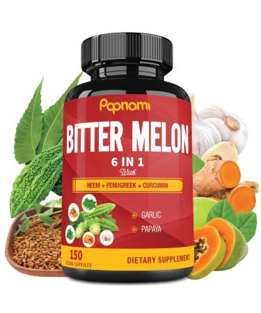 Organic Bitter Melon Extract Capsules - Combined Neem Fenugreek Curcumin Garlic & Papaya - 150 Count for 5 Months - Supports Body Digestive Skin Immune & Overall Wellness
