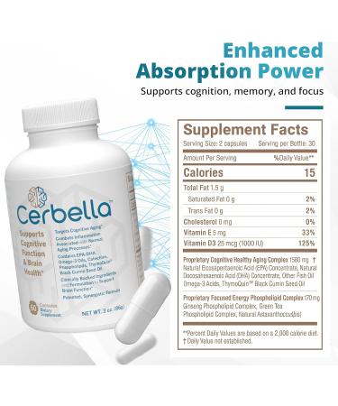 Cerbella Advanced Brain Nootropic Wellness Supplement for Memory Focus & Cognitive Health Neurologist Recommended - Omega-3 DHA/EPA Green Tea Catechins Phospholipids & ThymoQuin (60 Capsules) - Buy Online on GoSupps.com