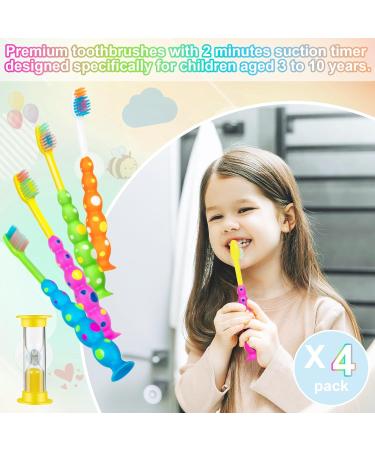Soft Kids Toothbrushes Set - Suction Timer & Flossing Bristles for Ages 3-10 | Fun Storage Solution | Pack of 4 - Buy Online on GoSupps.com