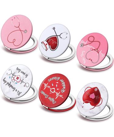 Berlune 6 Pieces Nurse Gifts for Women Nurse Compact Mirror Nurse Appreciation Gifts Bulk Double Sided 1x/2x Magnifying Metal Pocket Makeup Mirrors for Nurse Week Graduate Gifts