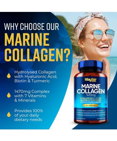Mayfair Nutrition Marine Collagen Capsules 1470mg Complex - High Strength with Hyaluronic Acid, Biotin, Turmeric, Vitamin C, E, B2, D3 & Minerals - Women's Hydrolyzed Supplements - Made in UK - Buy Online on GoSupps.com