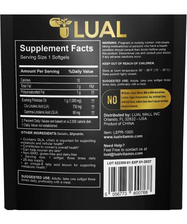 Women's Health Evening Primrose Oil Softgels | Omega-6 Fatty Acid for Women's Health | Lual Evening Primrose Oil Capsules 1000mg 75 Count - Buy Online on GoSupps.com