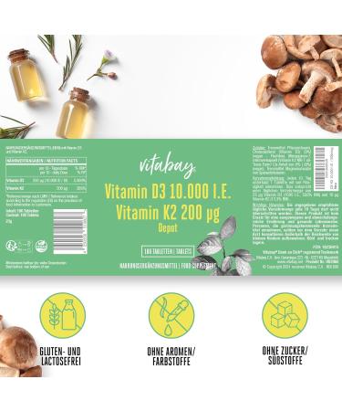 Vitabay Vitamin D3 10000 I.E. + K2 200 MCG Depot | Premium Quality Highly Dosed Vegan 180 Tablets | Laboratory Tested for Maximum Bioavailability - Buy Online on GoSupps.com