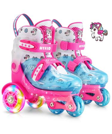 Toddler Roller Skates(Ages 3-9), Adjustable Sizes Fun Illuminating Safety Three-Point Type Balance Breathable Upper Beginners' Skating Shoes Girls Boys Unicorn Rose Pink XS-Small (8-11 US Kids)