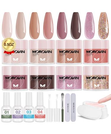 Morovan Dip Powder Nail Kit Starter - 8 Colors Dip Powder Kit Brown Dipping Powder with Base Top Coat Activator Brush Saver Nail Dip Powder Kit for Dipping Nails DIY at Home Salon Nude Glitter Brown