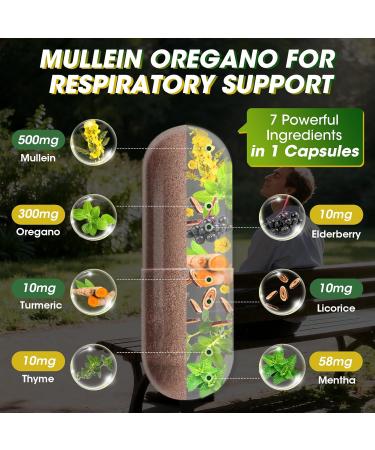 Mullein Oregano Oil Capsules for Lungs Detox-7 in 1Pure Herbal Mullein Leaf Extract, Elderberry, Turmeric,Mentha for Respiratory & Immune Support, Lung Cleanse for Smokers,Vegan,Non-GMO (120 Caps) 120 Count (Pack of 1) - Buy Online on GoSupps.com