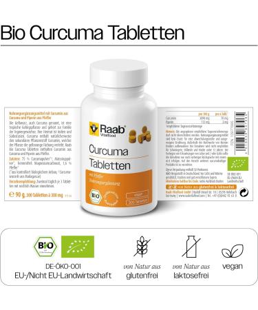 Raab Vitalfood Bio Curcuma Tablets with Piperine - 300 Vegan Gluten-Free Tablets | 3900mg Curcumin 110mg Piperine Lab Tested Quality - Buy Online on GoSupps.com