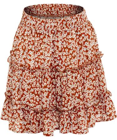 LAEMILIA Womens Floral Print Mini Skater Skirt - Elastic Waist, Pleated Design - Orange - Buy Online on GoSupps.com