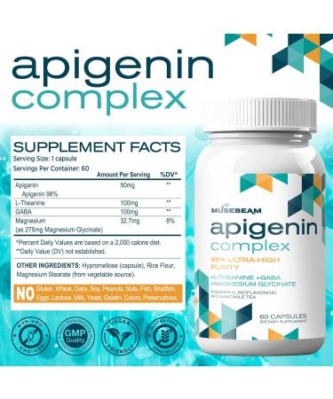 Apigenin Supplement for Rest and Relaxation Support - 50mg Apigenin per Capsule with Magnesium Glycinate 275mg L-Theanine 100mg GABA 100mg - 98% Ultra-High Purity 60 Count (Pack of 1) - Buy Online on GoSupps.com