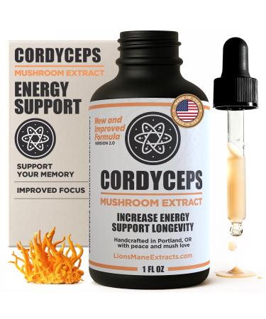 Cordyceps Mushroom Extract Liquid - 1 oz Mushroom Tincture | 100% Fruiting Body Cordyceps Extract | Natural Energy Lung & Stamina Support | No Mycelium Non-GMO | Made in USA 1 Ounce (Pack of 1)