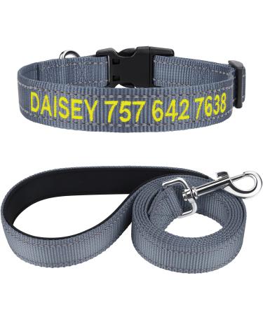 Tagme dog collar and leash personalizing reflective dog collar with 1.5m double -sided reflective dog leash for large dogs gray XL (1 -pack) gray set