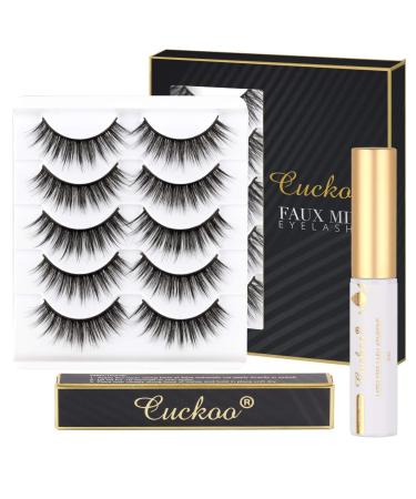 Cuckoo Faux Mink Lashes Pack,5 Pairs 3D Faux Mink Eyelashes with Eyelash Glue Kit,Long Dramatic False Eyelashes for Women,Fluffy Fake Eyelashes Comfortable and Natural Soft (JL-012) Cuckoo 5 Pairs Kit-A2