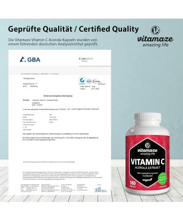 Vitamaze amazing life Vitamin C Acerola 160 mg natural from 660 mg Acerola Extract vegan & optimal BioAvailability 180 Capsules for 6 Months Food Supplement without Additives Made in Germany - Buy Online on GoSupps.com