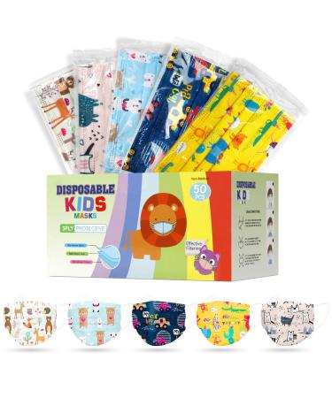 VINMEN Kids Face Mask Disposable Protection,Children Mask for 50 Individually Wrapped Multicoloured B
