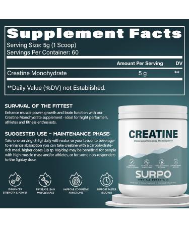 SURPO Micronized Creatine Monohydrate Powder - 300g | Pure Unflavored Gluten-Free & Non-GMO | 60 Servings for Muscle Recovery & Growth | International Shipping Available - Buy Online on GoSupps.com