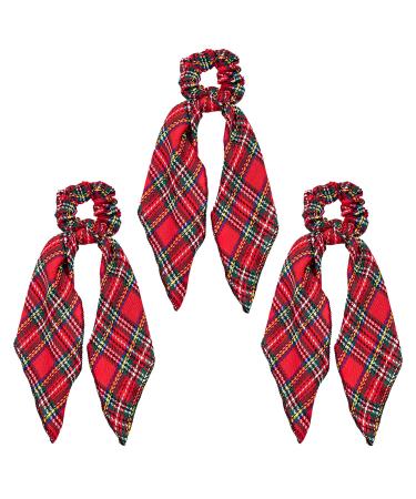 Miaija 3Pieces Chrismas Tartan Scrunchies Red Tartan Scottish Hair Scrunchie Ribbon Bow Hair Ropes Scrunchy Hair Accessories for Women Girls