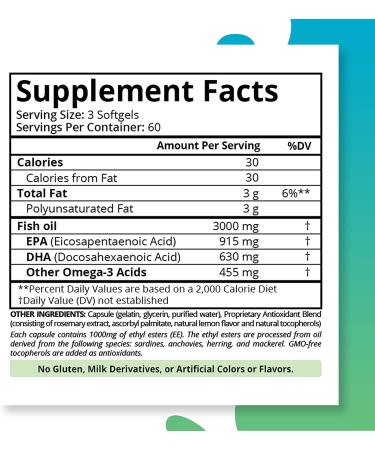 Purity Labs Omega 3 Fish Oil 3000mg - Vegan Supplements for Heart & Brain Health - 180 Softgels - Buy Online on GoSupps.com