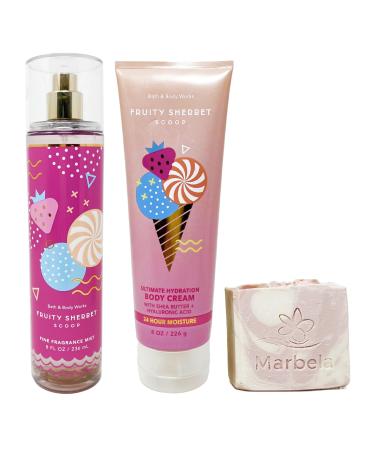 Bath & Body Works Fruity Sherbet Scoop - Duo Gift Set - Fine Fragrance Mist and Body Cream With a Himalayan Salts Springs Bar Soap.