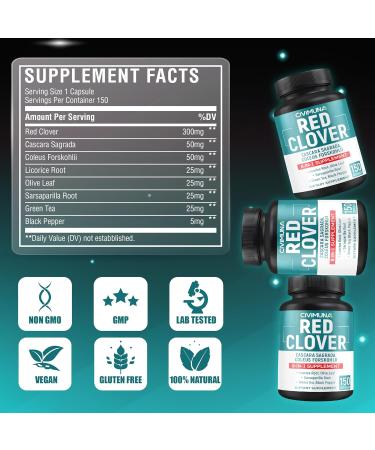 CIVIMUNA Red Clover Extract Capsules with Red Clover Cascara Sagrada Bark Coleus Forskohlii - 150 Capsules for 5 Months Supply - Buy Online on GoSupps.com
