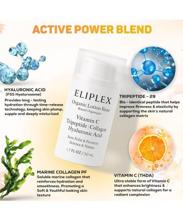 ELIPLEX Organic Lotion Base Vitamin C Tripeptide Collagen & Hyaluronic Acid | Lightweight Hydrating Face Lotion | Radiance & Firmness | 1.7 fl oz / 50 mL - Buy Online on GoSupps.com