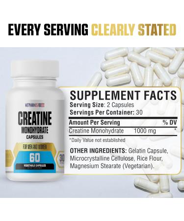 MetpharmUSA Creatine Monohydrate Capsules 1000 mg 60 Vegetable Capsules 30 Servings for Men and Women - Buy Online on GoSupps.com
