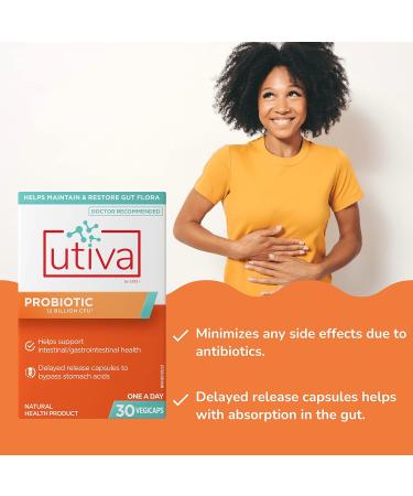 Utiva Probiotic Urinary Tract and Gut Health Supplement 12 Billion CFU Lactobacillus & Bifidobacterium Probiotic for Men and Women 30 Delayed Release Vegi Capsules - Buy Online on GoSupps.com