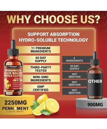Penhoment 11in1 Wormwood Liquid Drops with Black Walnut Cloves, Vitamin C and D3 & 6 More - 2 FL OZ for 60 Days - Lemon Flavor - Buy Online on GoSupps.com
