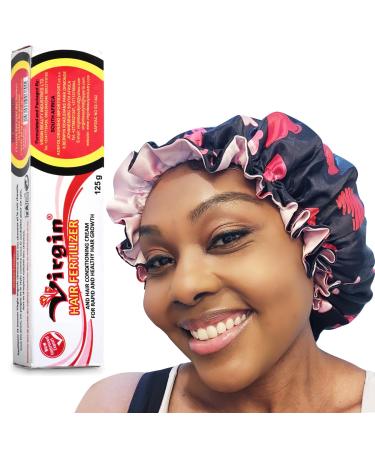 Satin Bonnet bundle with Virgin Hair Fertilizer (125g) Conditioning Cream for Healthy Hair Growth (Hearts)