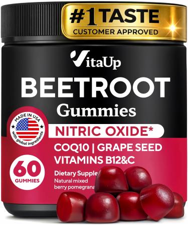 Beet Root Gummies Nitric Oxide Beets Supplements with CoQ10 Grape Seed Vitamin C B12 & B3 60 Beets Chews Gummies 60 Count (Pack of 1)