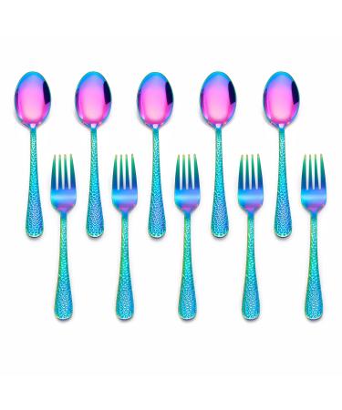 LIANYU 10-Piece Kids Silverware Set, Rainbow Toddler Utensils Flatware Set, Stainless Steel Child Preschooler Cutlery Set, Includes 5 Kids Spoons, 5 Kids Forks, Dishwasher Safe 10 Rainbow