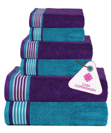 CASA COPENHAGEN Designed in Denmark 550 GSM 2 Large Bath Towels 2 Large Hand Towels 2 Washcloths  Super Soft Egyptian Cotton 6 Towels Set for Bathroom  Kitchen & Shower - Violet Indigo & Teal Green