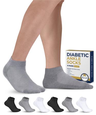 Pembrook Diabetic Ankle Socks for Men and Women - 6 Pairs Low Cut Seamless Diabetic Socks Women | Diabetic Socks for Men Large 2 Black  2 White  2 Gray