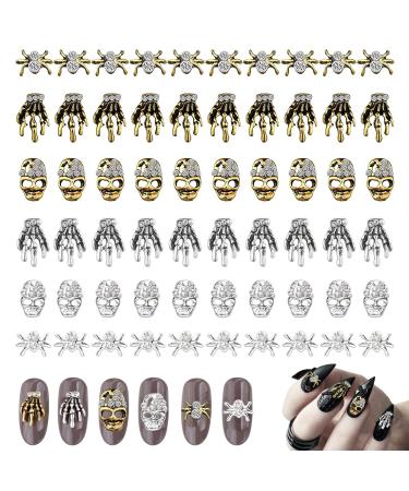 60 Pcs 3D Halloween Nail Art Charms Skull Spider with Rhinestones  TOROKOM Vintage Skeleton Hand Alloy Nail Art Jewelry Decoration Halloween Nail Glitters for DIY Nail Tip Crafts (Gold & Siliver) Pattern-1