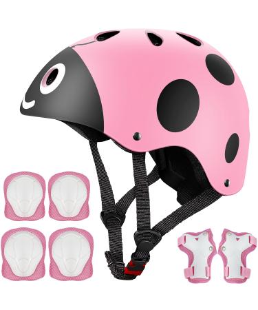 Kids Protective Gear Set and Helmet,Boys Girls Adjustable Helmet with Pads Set Knee Elbow Pads and Wrist Guards for Roller, Scooter, Skateboard, Bicycle for 3-8 Years Old Kids A-pink ladybug