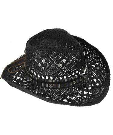 Western Cowboy Straw Hat Wide Brim Cowgirl Sun Hat with Hat Band - Black (7-7 1/4) - Buy Online on GoSupps.com