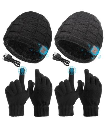 Bluetooth Beanie Set Includes 2 Pieces Bluetooth Beanie Hat Wireless Bluetooth Winter Hats 2 Pairs Winter Touchscreen Gloves Knit Stretch Gloves for Christmas Birthday Gifts for Men Women Teenagers