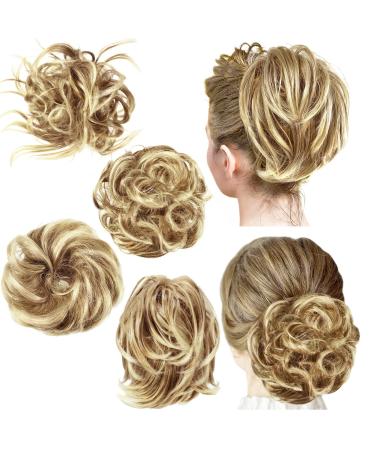 4 Pcs Messy Hair Bun Straight Hairpiece Tousled Updo for Women Hair Extensions Short Ponytail Elastic Scrunchies Curly Hair Accessories (Honey Blonde mix Bleach Blonde/27T613, Basic Style) 1 Count (Pack of 4) Honey Blonde mix Bleach Blonde/27T613