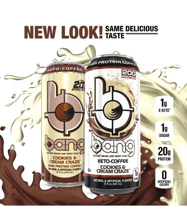 BANG Cookies and Cream Keto Coffee Energy Drink 15 Fl Oz (Pack of 12) - 20g Protein - Coffee Cookies & Cream - Packaging May Vary - Buy Online on GoSupps.com