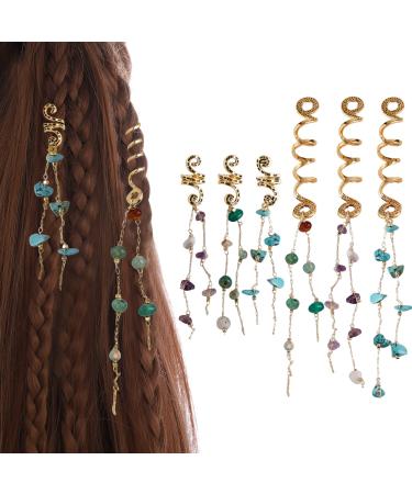FRDTLUTHW Colored Natural Stone Pendant Hair Jewelry for Braids Tassels Dreadlock Accessories Hair Charms for Women Girls(pack of 6) 6Pcs Gold Green Purple