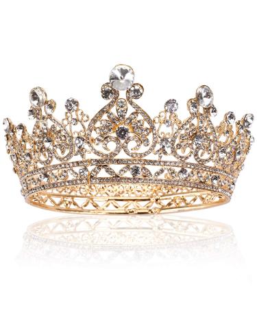 Yopay Gold Crowns  Full Round Diamond Crystal Bride Bridal Wedding Crowns and Tiaras Vintage Headband Hair Accessories for Women Birthday Prom Queen Pageant