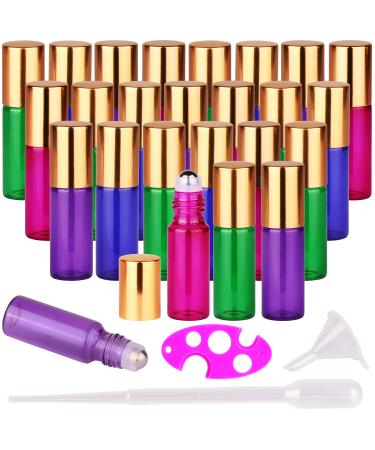 24X Coloured Roller Bottles for Essential Oils Perfume 5ml Refillable Glass Bottle Metal Roll On Ball Golden Cap with Accessories Opener Funnel Droppers Included