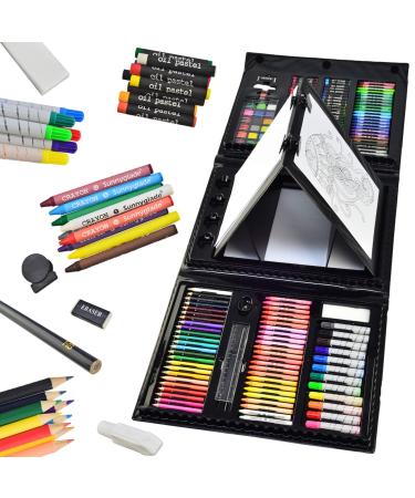 Sunnyglade 185 Pieces Double Sided Trifold Easel Art Set  Drawing Art Box with Oil Pastels  Crayons  Colored Pencils  Markers  Paint Brush  Watercolor Cakes  Sketch Pad multi-color