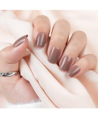 Short Press on Nails Brown Square  Glossy Acrylic Solid Fake Nails Natural  24pcs False Nails with Designs  Glue on Nails Art Kit for Women 03.Brown