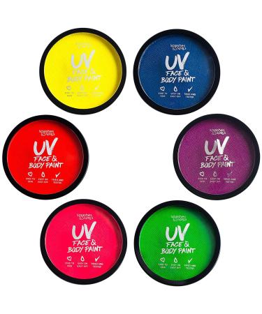 Water Activated UV Black Light Face and Body Paint - 6 Color Pack - Costume Halloween and Club Makeup - Safe for all Skin Types - Easy On and Off - 18g Cakes - by Splashes & Spills