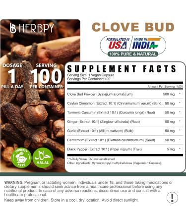 Herbpy 7in1 Clove Supplement Rich in Vitamins & Minerals Supports Digestion Immune & Heart Health with Cinnamon Turmeric Ginger Cardamom Garlic & Black Pepper - 100 Vegan Capsules - Buy Online on GoSupps.com